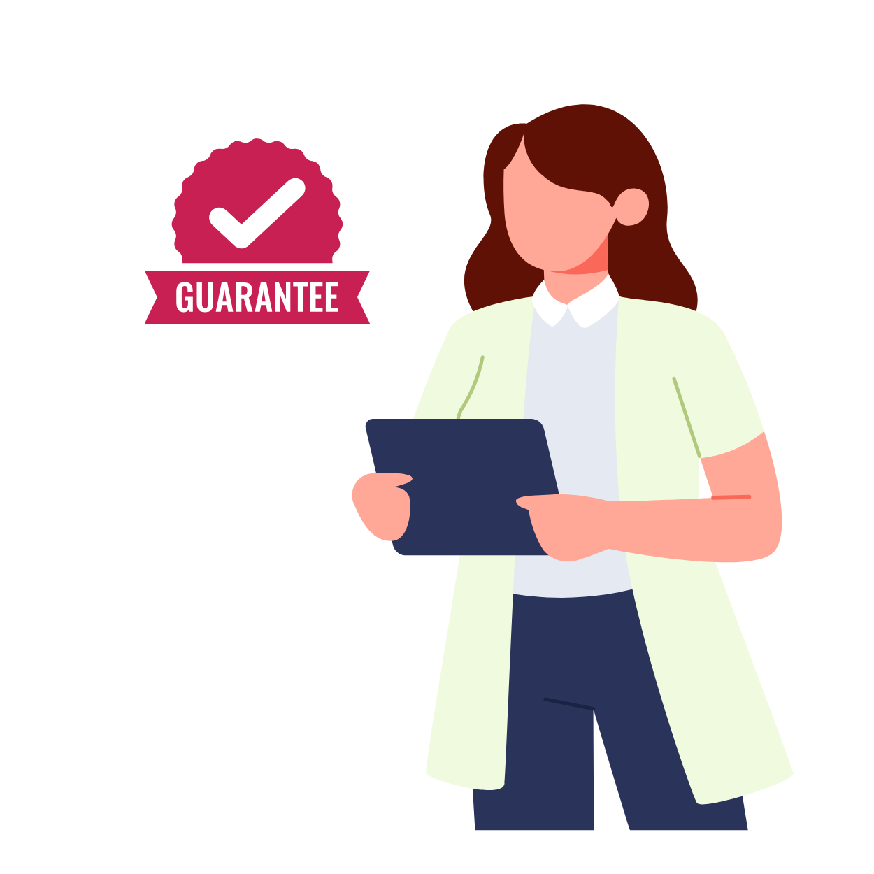 Illustration of a coach holding a clipboard next to a badge with a checkmark labeled 'Guarantee.