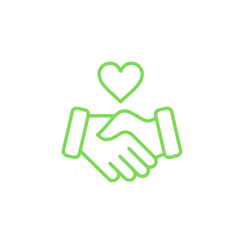 Icon of a handshake with a heart above it, symbolizing supportive and enjoyable learning.