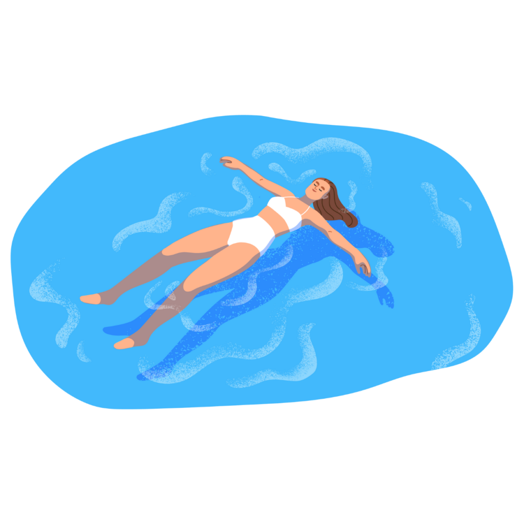 Illustration of a female floating on the water on the back, symbolizing the relaxed beginner swimmers.